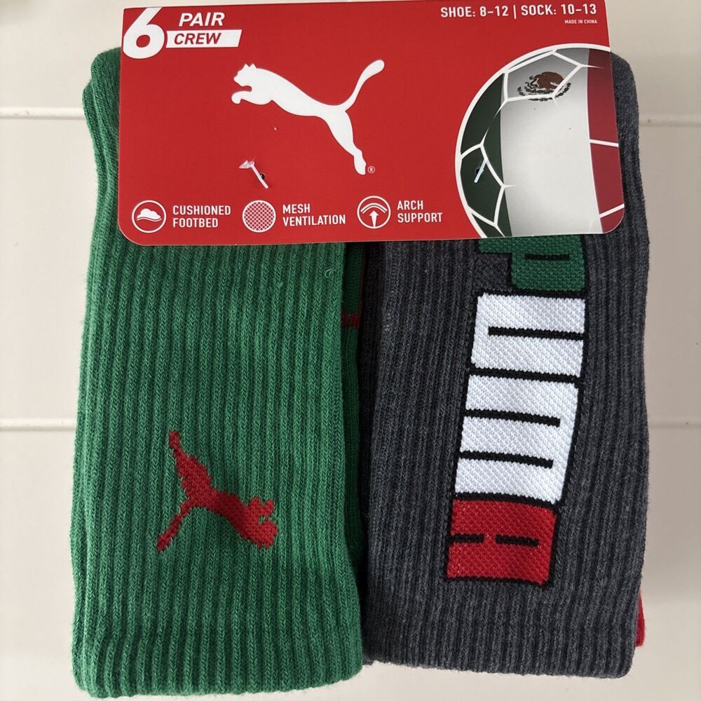 PUMA Men’s Crew Socks 6 Pair Pack Mexico Soccer Cushioned Men’s Size 10-13
